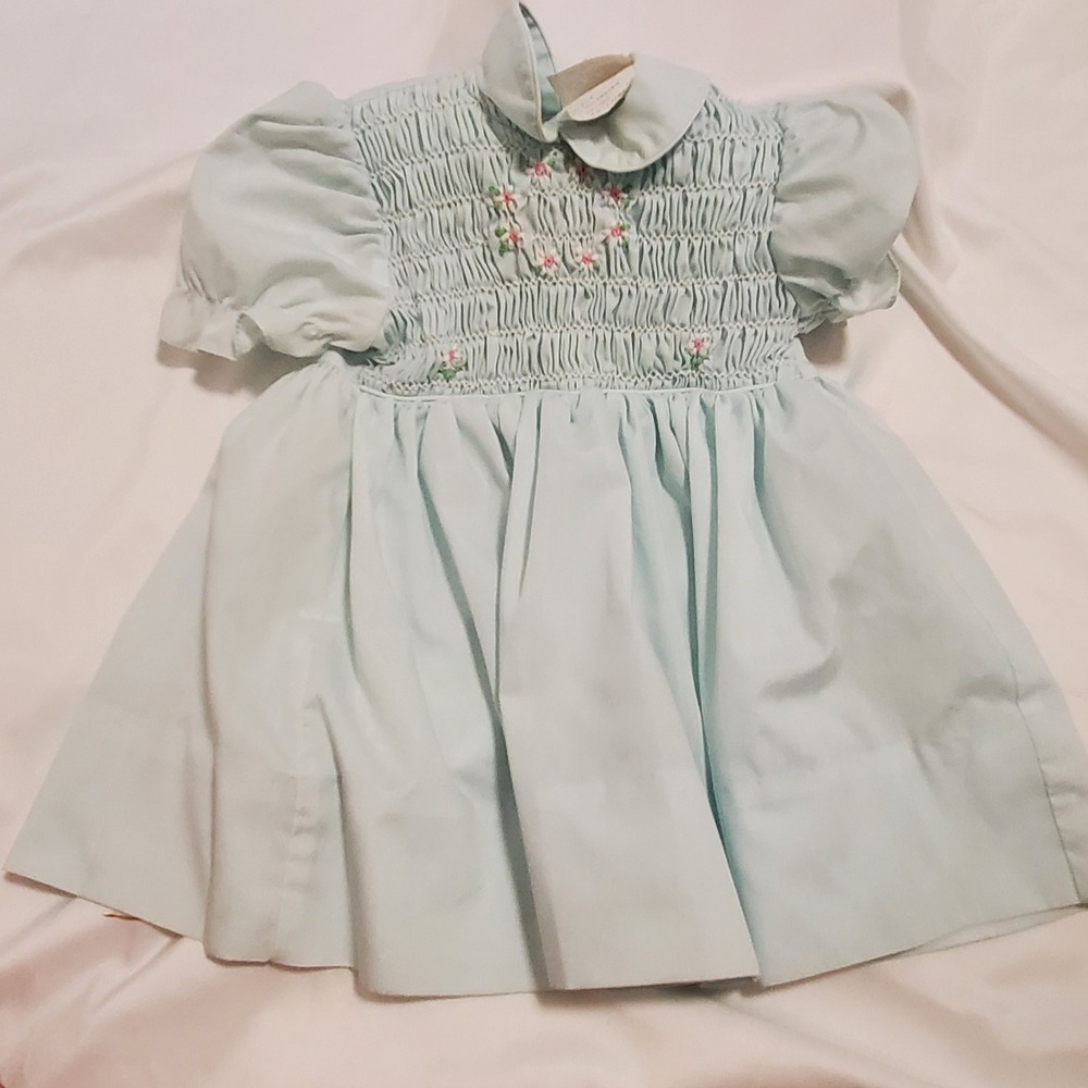 Polly Flinders Vintage Hand Smocked Dress Light Blue Floral Embroidered Size 1-2